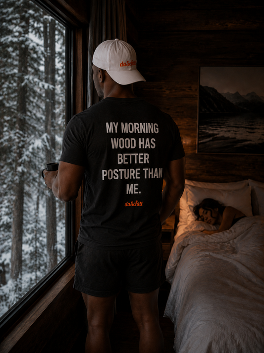 MY MORNING WOOD HAS BETTER POSTURE THAN ME.